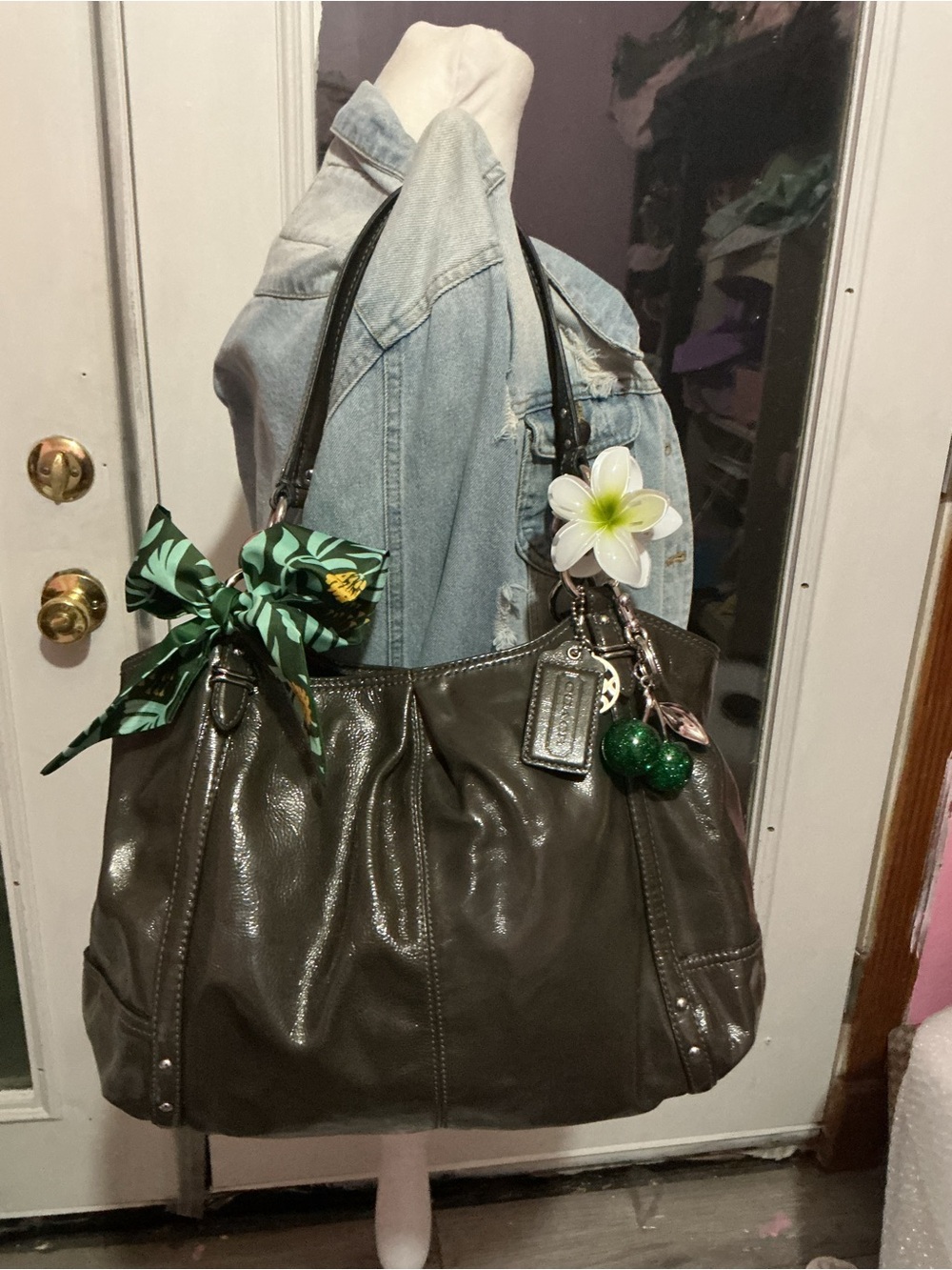 Coach Shiny Dark Brown Leather Shoulder Tote with Green Bow & Charm